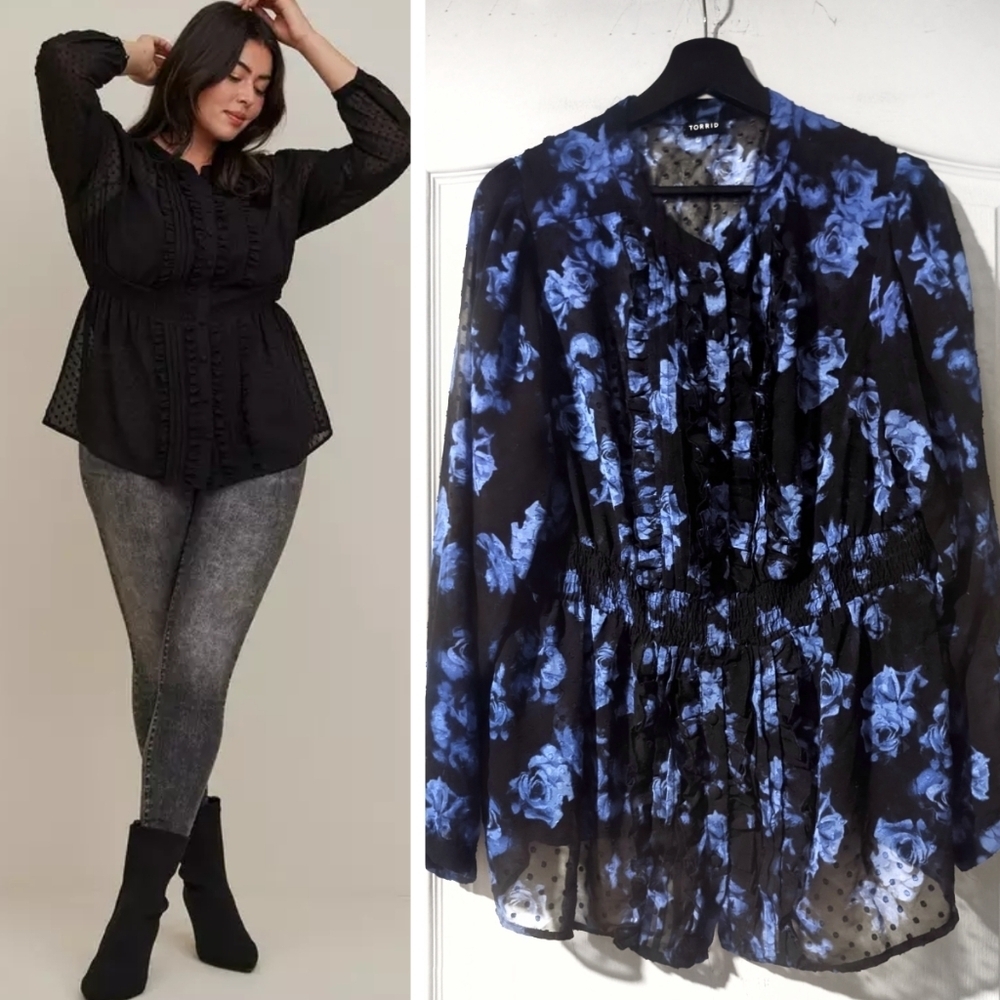 Torrid | Chiffon Clip Dot Ruffle Front Top In Blue Floral